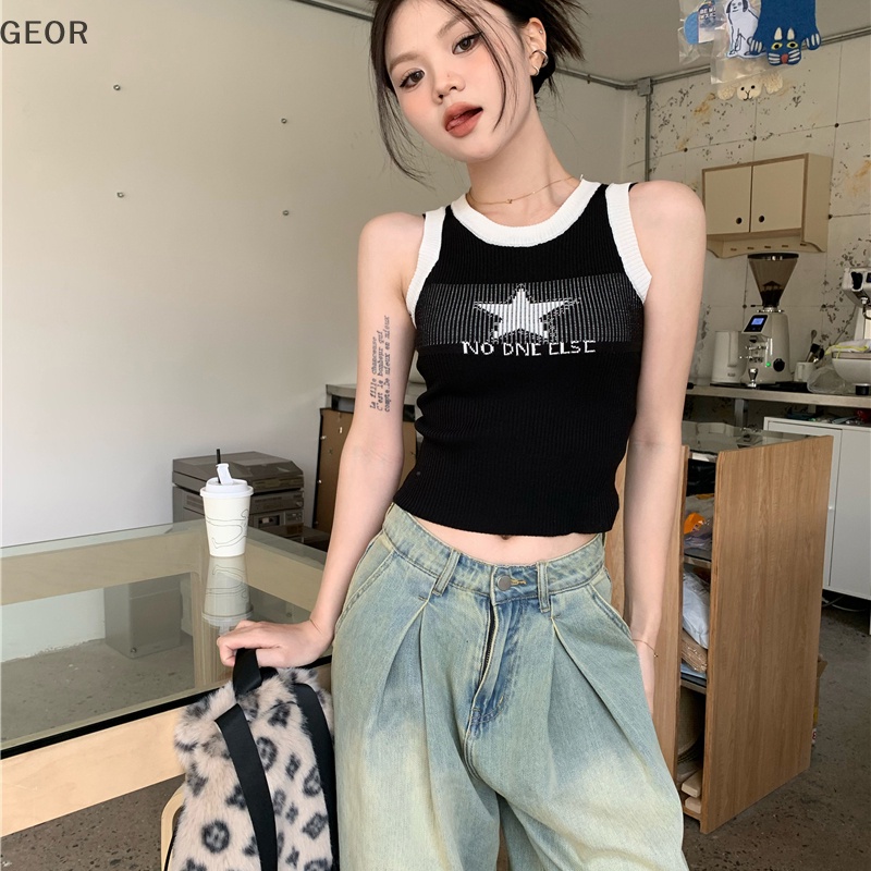 Geor Áo Dệt Kim Không Tay Cổ Tròn Dáng Ôm In Hình Ngôi Sao Phong Cách vintage Thời Trang Mùa Hè Dành Cho Nữ