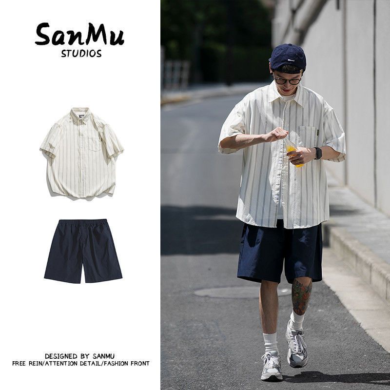 Set Áo Sơ Mi Tay Ngắn Kẻ Sọc Phối Quần Short Dáng Rộng Thời Trang Hồng Kông Cá Tính Cho Nam