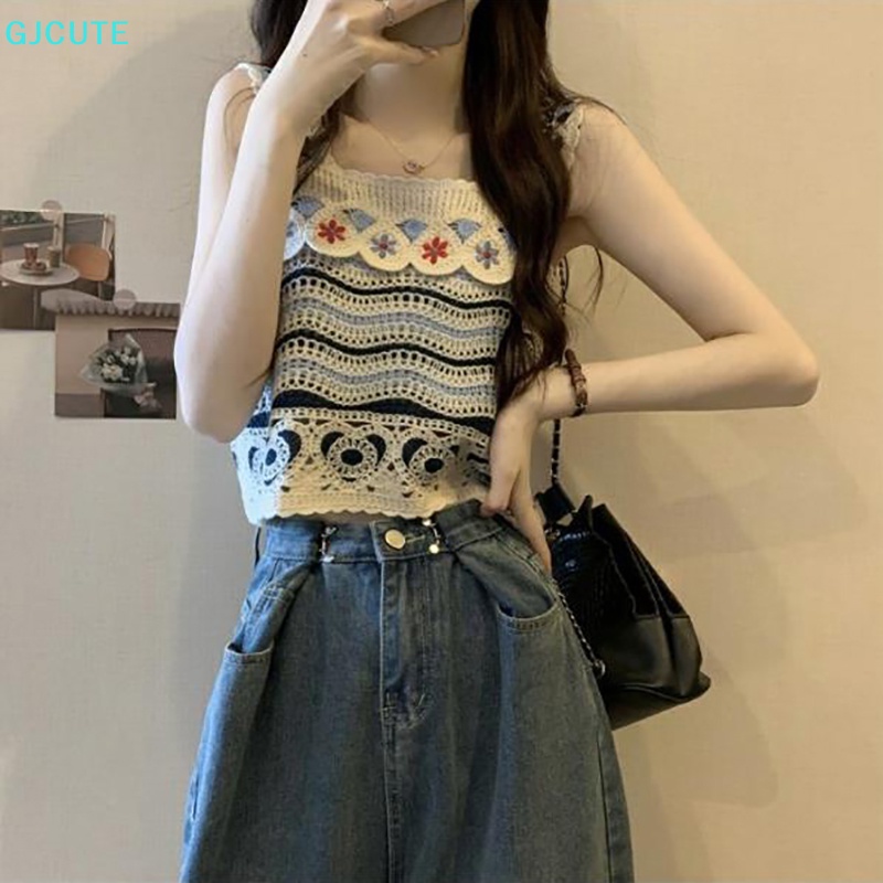 GJCUTE Áo Dệt Kim Nữ Không Tay Thêu Họa Tiết Rỗng Kiểu Vintage Thời Trang Mùa Hè