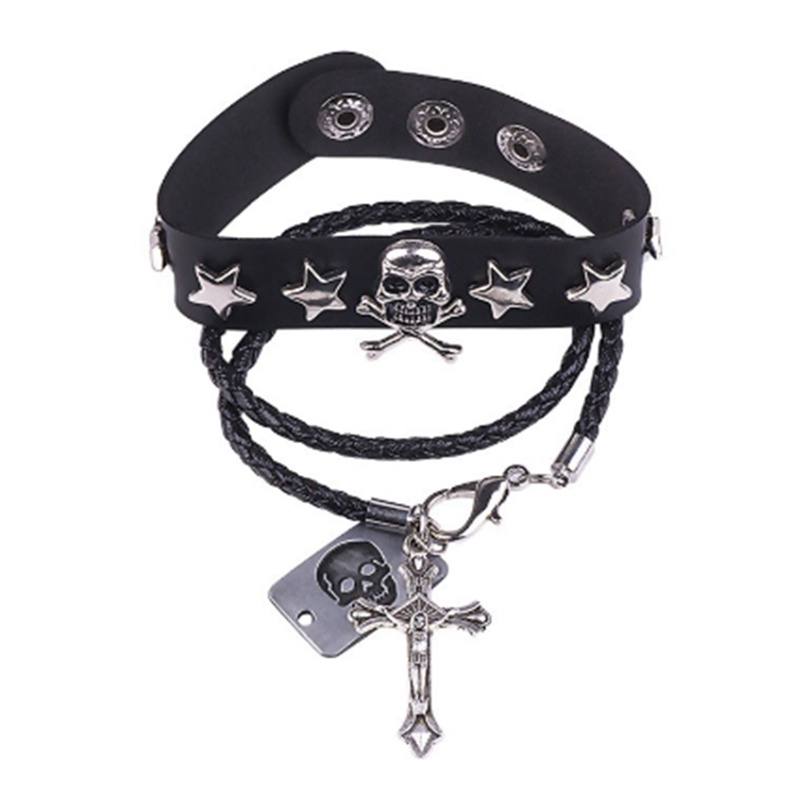Ygt Vòng Tay Dây Da Bện Đính Mặt Đầu Lâu Ngôi Sao Phong Cách Punk Cá Tính
