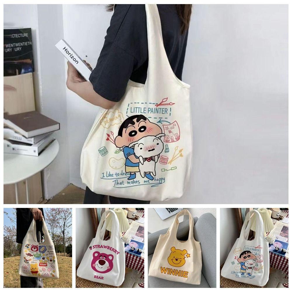 26EDIE Túi Xách Canvas Cỡ Lớn In Họa Tiết Hoạt Hình Gấu Dâu Tây Phong Cách Harajuku Thời Trang Cho Nam Và Nữ