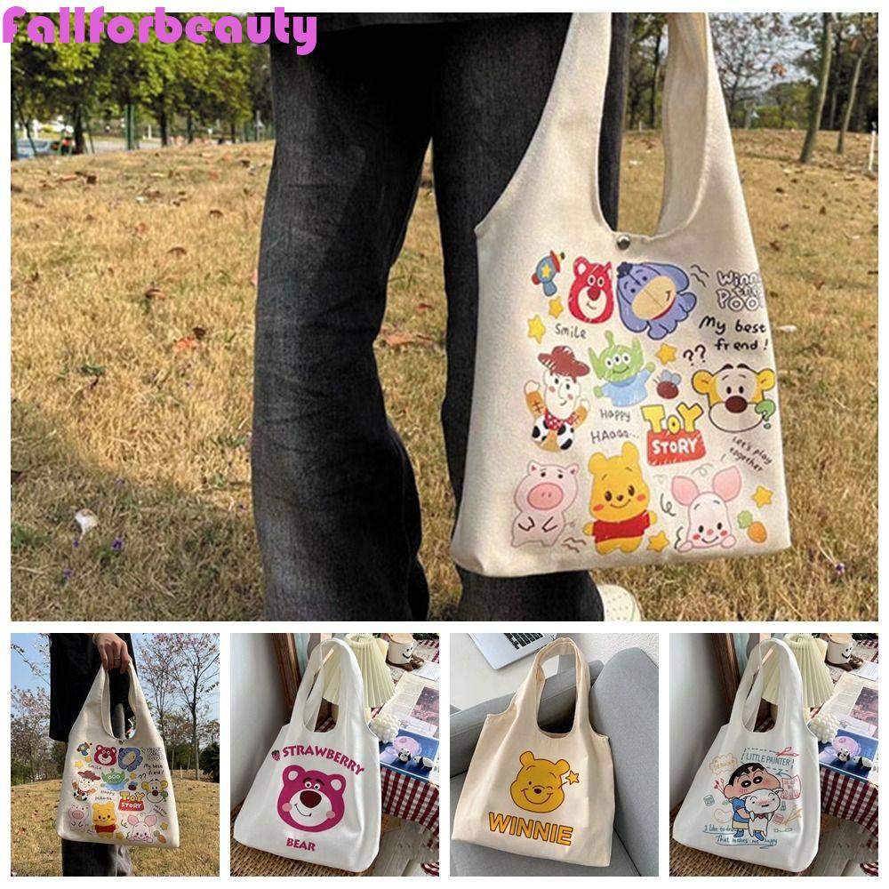 FALLFORBEAUTY Túi Tote Đeo Vai / Xách Tay Bằng Vải Bạt Sức Chứa Lớn Họa Tiết Gấu / Dâu Tây Hợp Thời Trang Cho Nữ