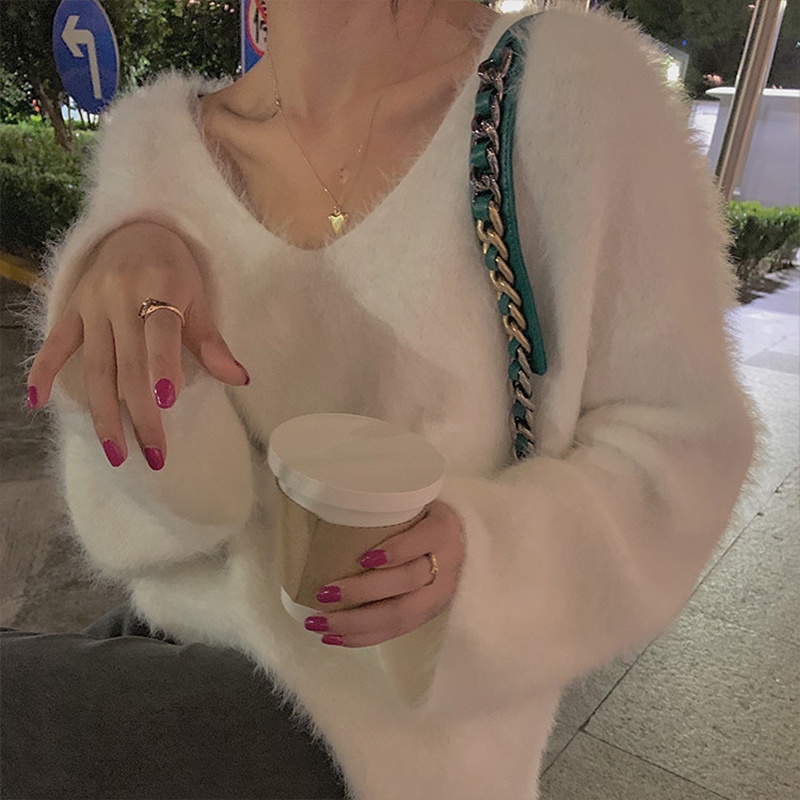 Xin LAN YA SHE Áo sweater Dáng Rộng Cổ Chữ v Nhẹ Nhàng Và Thân Thiện Với Làn Da Cao Cấp Phong Cách Hàn Quốc Dành Cho Bạn Nữ