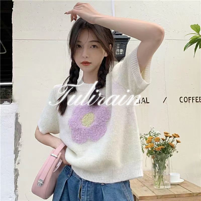 CHU MAN JIA Áo sweater Dệt Kim Tay Ngắn Họa Tiết Hoa Ba Chiều Ngọt Ngào Dễ Thương Thời Trang Mùa Hè Cho Nữ