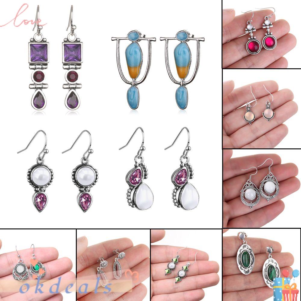 OKDEALS Bông Tai Mạ BạC 925 ĐíNh Đá MặT Trăng Xinh XắN