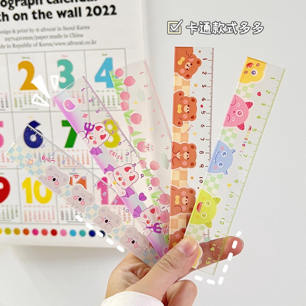 Thước kẻ mica trong suốt TK02 KAMI in hình dễ thương 15cm, thước nhựa học sinh sinh viên