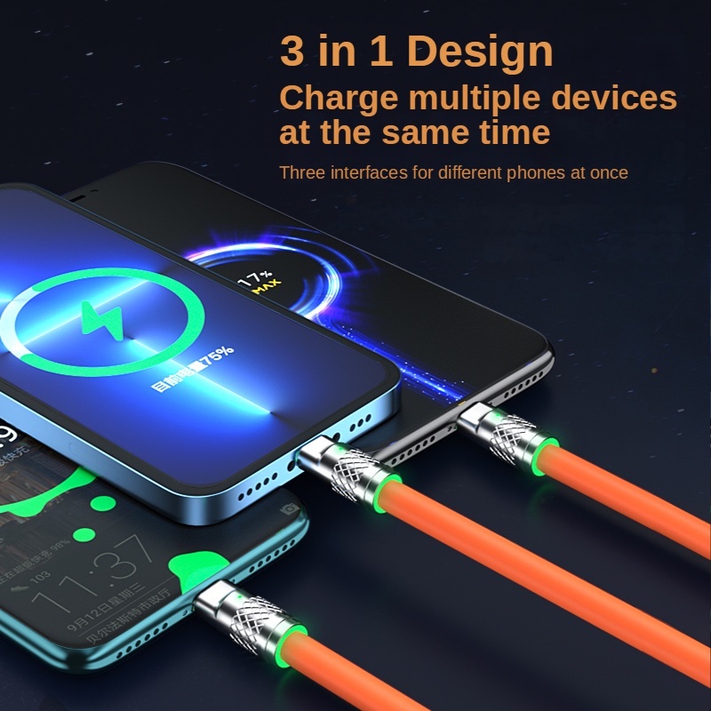 Cáp Sạc Nhanh 3 Trong 1 6A Cổng Type C Bằng Silicone Và Hợp Kim Kẽm- Linkeetech