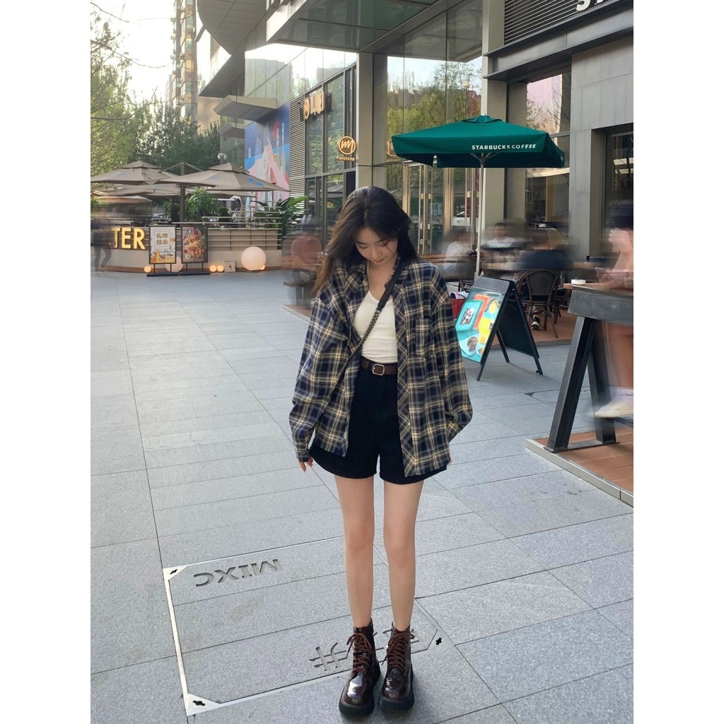 Áo Sơ Mi Caro Tay Dài Dáng Rộng Phong Cách Retro Dành Cho Nữ
