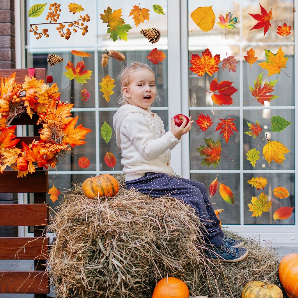 Set 9 Miếng Dán Cửa Kính Bằng PVC Hình Lá Phong Có Thể Tái Sử Dụng