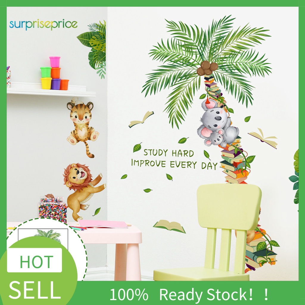 Miếng Dán Tường Bằng PVC Chống Thấm Nước Họa Tiết Hoạt Hình Động Vật Và Cây Dừa Độc Đáo Trang Trí Nhà Cửa
