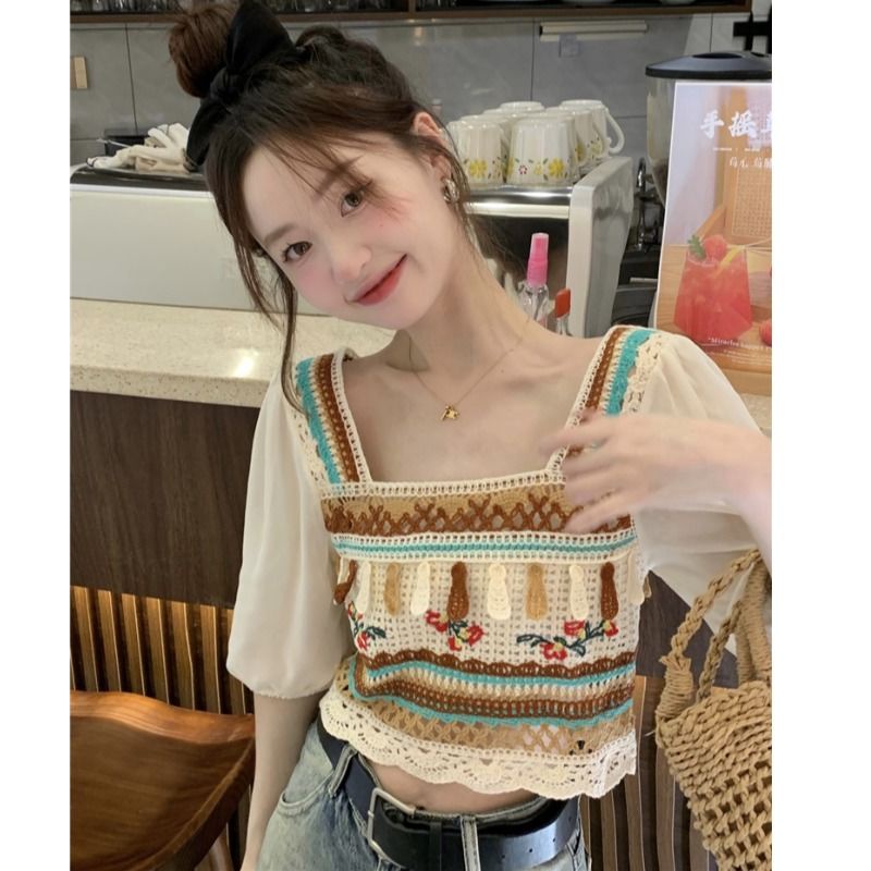 Áo Nữ Dệt Kim Ngắn Tay Cổ Vuông Thời Trang