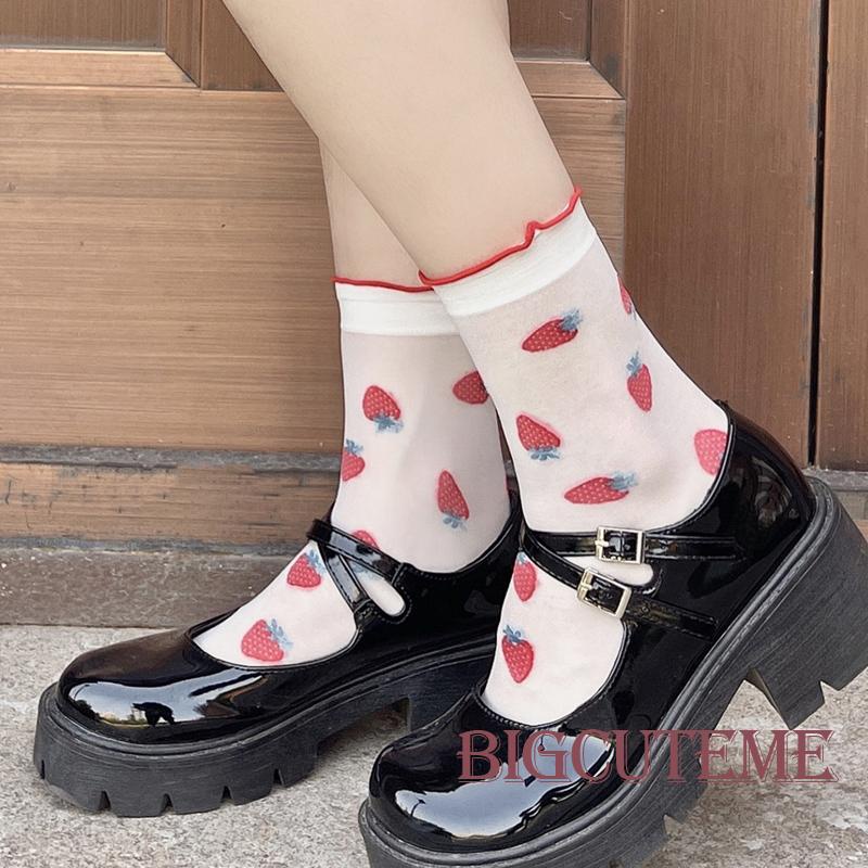 Vớ Lưới Dài Tới Mắt Cá Chân In Họa Tiết Dâu Tây Thoáng Khí Phong Cách Lolita Mặc Hàng Ngày Cho Nữ