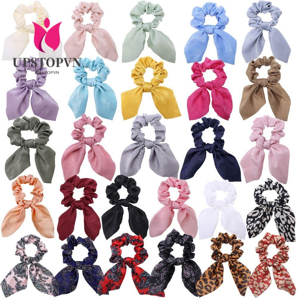 UPSTOPVN Set 5 Dây Cột Tóc Co Giãn Đính Nơ Màu Trơn Dành Cho Nữ