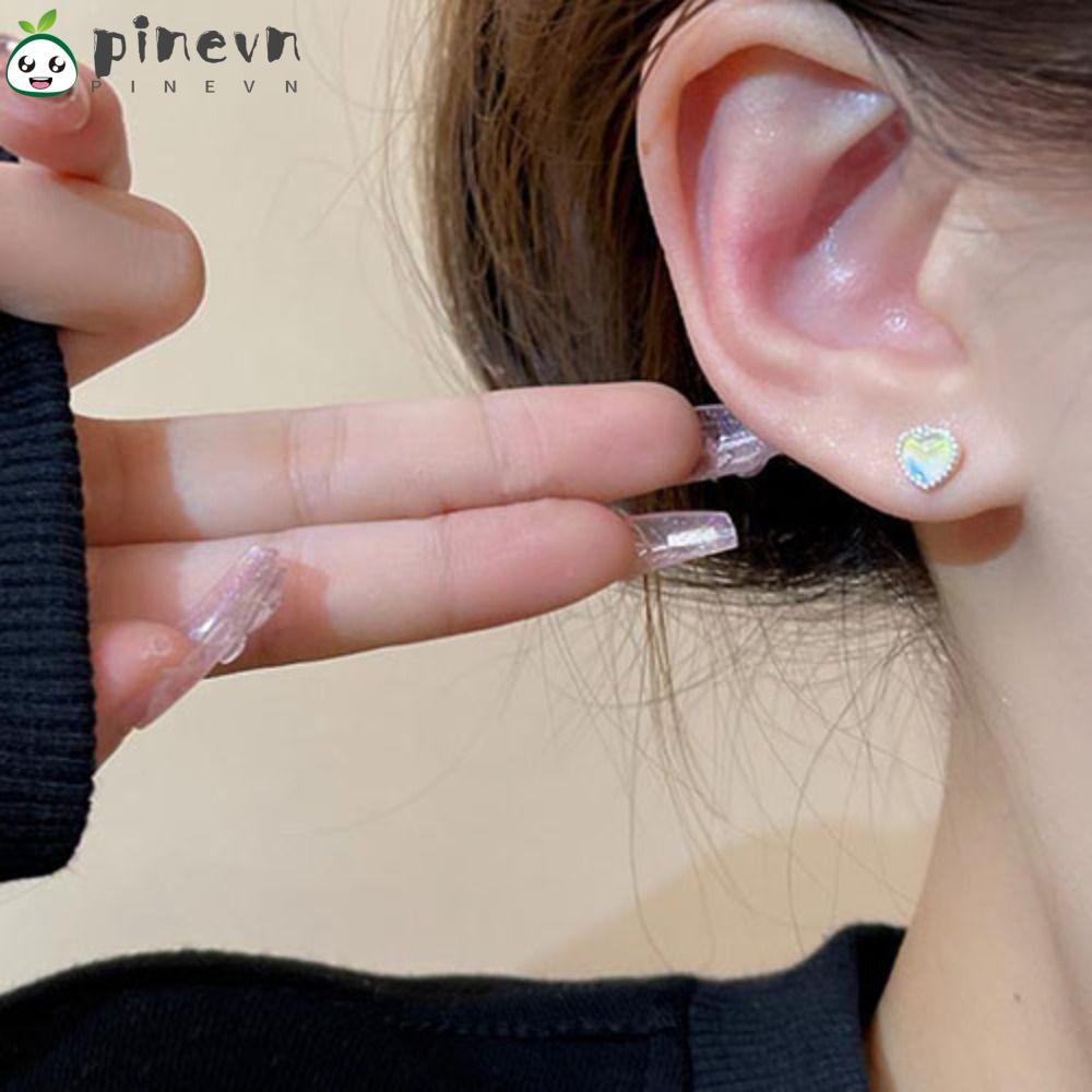 PINEVN Set Bông Tai Bạc 925 10mm Hình Trái Tim Đính Đá Mặt Trăng Cho Nam Nữ