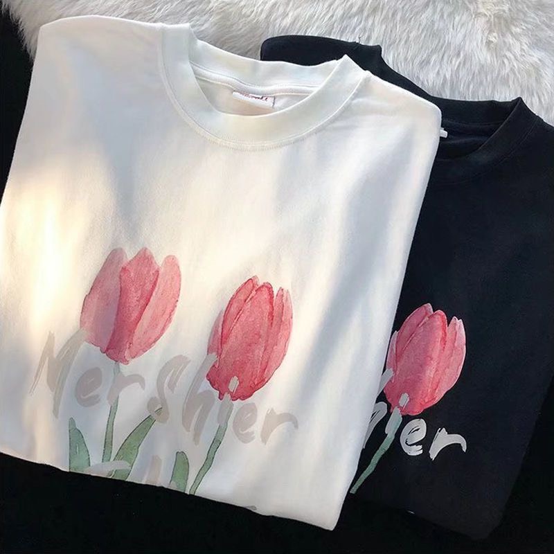 Áo Thun, Áo Phông nữ Form Rộng Chữ 2 Bông Hoa TULIP