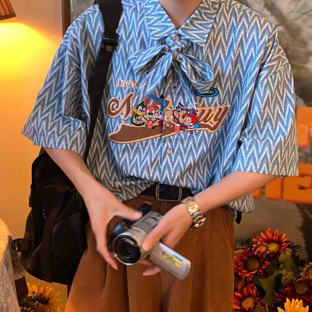 Áo Sơ Mi Tay Ngắn Kẻ Sọc Thêu Họa Tiết Phong Cách Retro Mỹ Thời Trang Mùa Hè Cho Nam Và Nữ