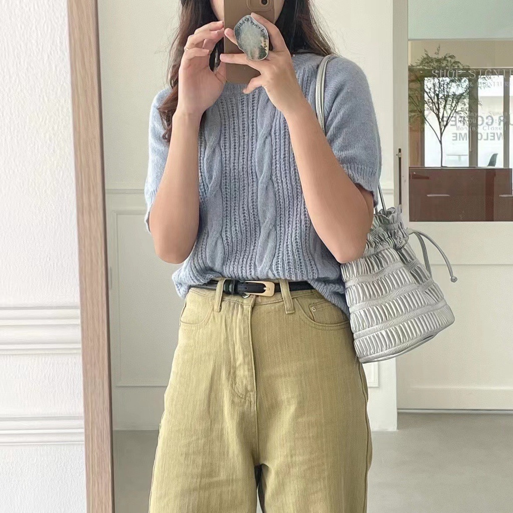 Túi Da Mềm Xếp Ly Phối Dây Rút Xinh Xắn Theo Phong Cách Hàn Quốc