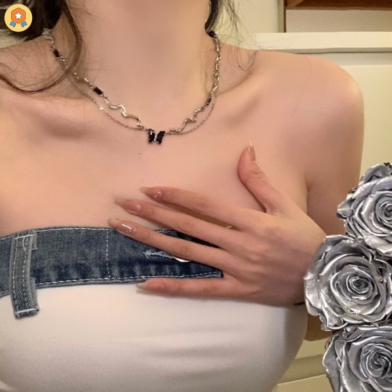 Vòng Cổ Hai Lớp Màu Đen Mặt Hình Bướm Đính Đá Zircon Phong Cách Gothic Punk Cá Tính Thích Hợp Làm Quà Sinh Nhật HYJP2