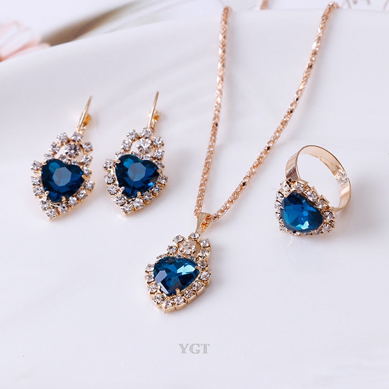 Ygt Set Vòng cổ Nhẫn Bông Tai Hình Trái Tim Đính Đá Pha Lê Thời Trang Cho Nữ