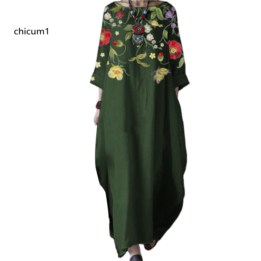 Đầm Maxi Cổ Tròn Tay 3 / 4 In Họa Tiết Hoa Lá Thời Trang Xuân Thu Xinh Xắn Cho Nữ