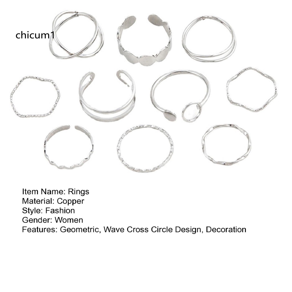 Set 10 Nhẫn Đeo Tay Kim Loại Thiết Kế Đơn Giản Thời Trang Cho Nữ