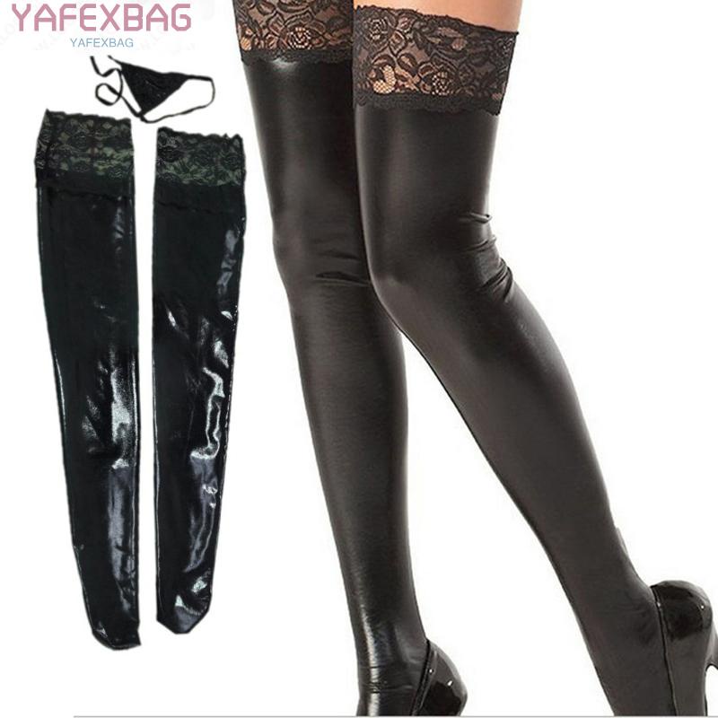 Lady Lace Hold-Up Overknees Imitation Leather Stockings Gloss Wetlook Long Socks
