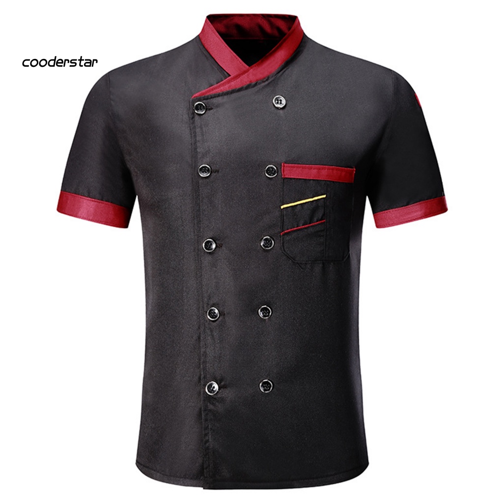 Áo Đầu Bếp Ngắn Tay Cổ Đứng Cài Hai Hàng Nút Có Túi Và Nút Cài Cho Unisex Nhà Hàng Khách Sạn