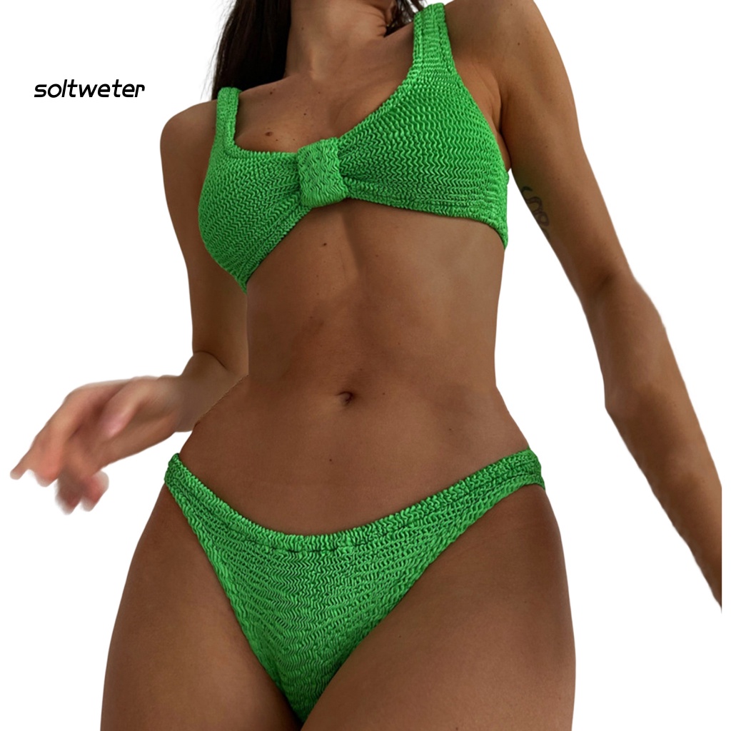 Bộ Đồ Bơi Bikini 2 Mảnh Có Đệm Dệt Kim Co Giãn Màu Sắc Kẹo Ngọt Dành Cho Nữ