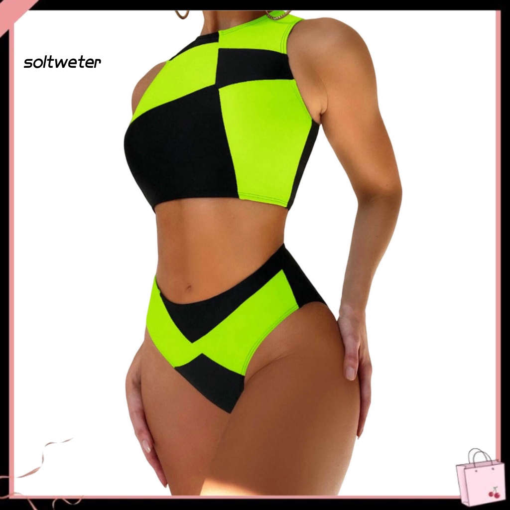 Bộ Bikini 2 Mảnh Cổ Tròn Lưng Cao Họa Tiết Hình Học Cho Nữ