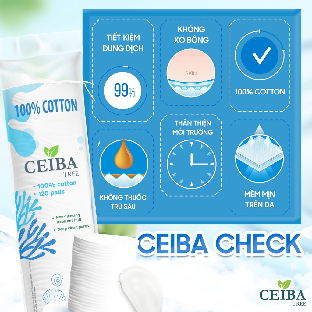 Bông Tẩy Trang 222 + 12 Miếng Ceiba Pháp BTT Cotton Pads Sạch Da Organic An Toàn Mềm Mịn Siêu Dày 80/120/140/234 Miếng