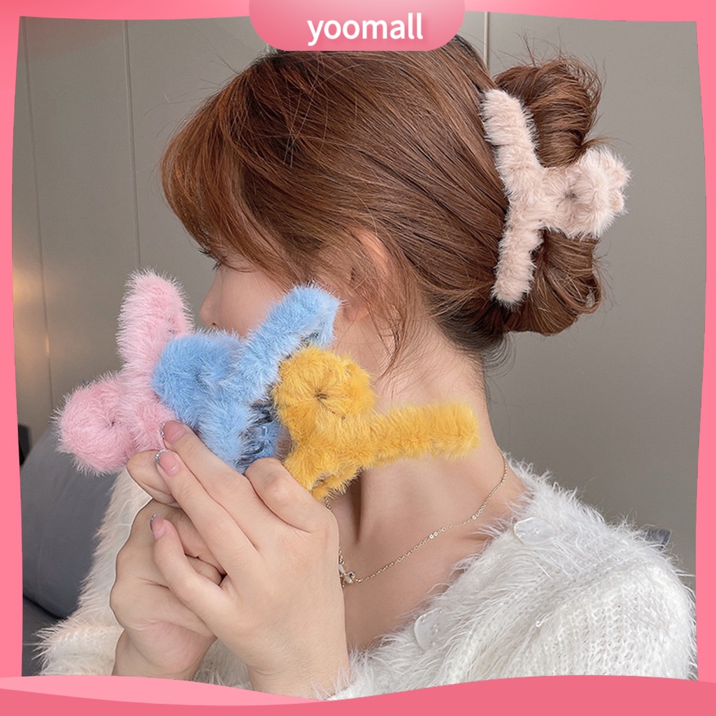 Kẹp Tóc Càng Cua Phủ Lông Màu Trơn Chống Trượt Thời Trang Thu Đông Cho Nữ