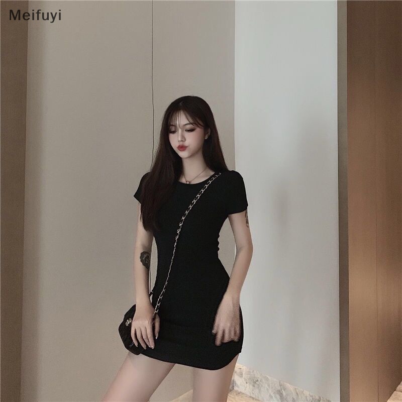 [Meifuyi] Women Basic Solid Color Dress Bodycon O-neck Casual Slim Summer Mini Dresses COD