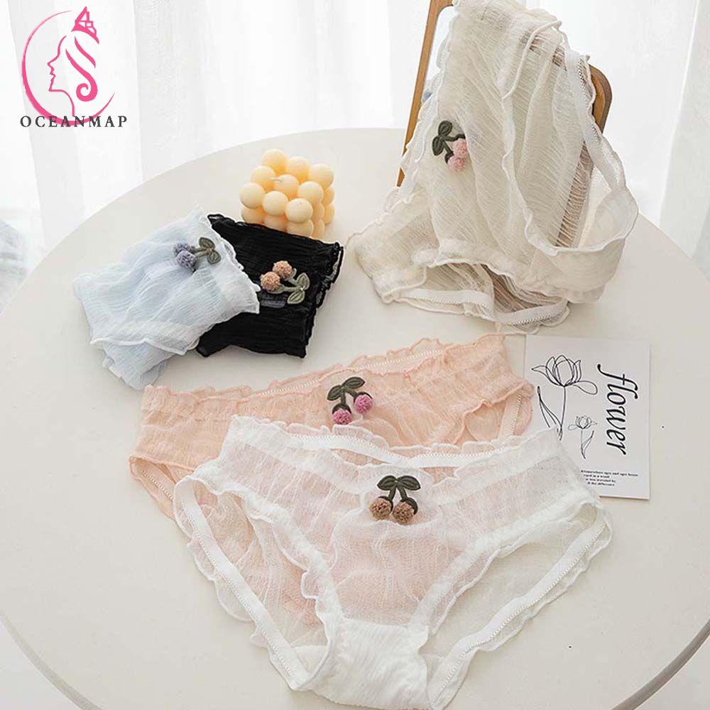 OCEANMAP Quần Lót Ren Trong Suốt Lưng Vừa In Họa Tiết Cherry Ngọt Ngào Phong Cách Hàn Quốc Cho Nữ