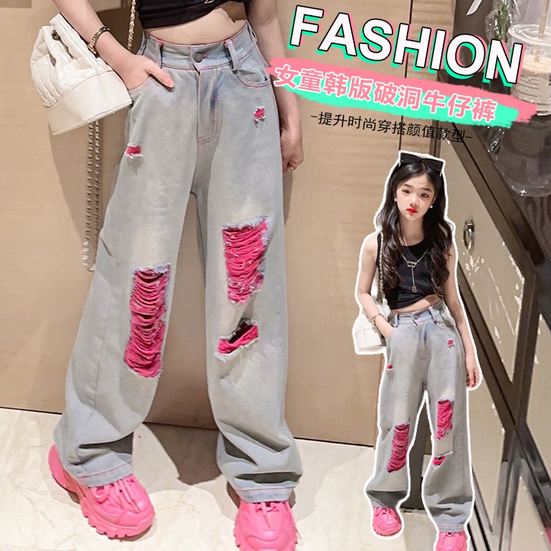 Quần Denim Ống Rộng Rách Phong Cách Châu Âu Mùa Hè 2023 Cho Bé Gái