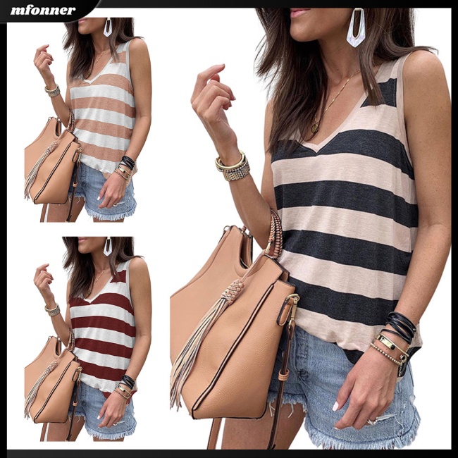Áo Thun Sát Nách Cổ Chữ V Họa Tiết Kẻ Sọc Thời Trang Mùa Hè Cho Nữ
