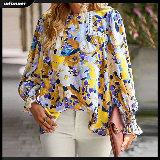 Áo Sơ Mi Tay Dài Dáng Rộng Cổ Tròn In Hoa Thiết Kế Thoáng Khí Thoải Mái Cho Nữ