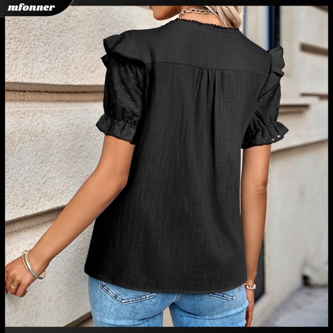 Áo Kiểu Tay Phồng Ngắn Cổ Chữ V Màu Sắc Đơn Giản Thanh Lịch Dành Cho Nữ