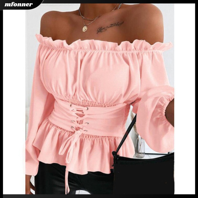 Áo Thun Trễ Vai Tay Dài Phối Bèo Màu Sắc Đơn Giản Cho Nữ