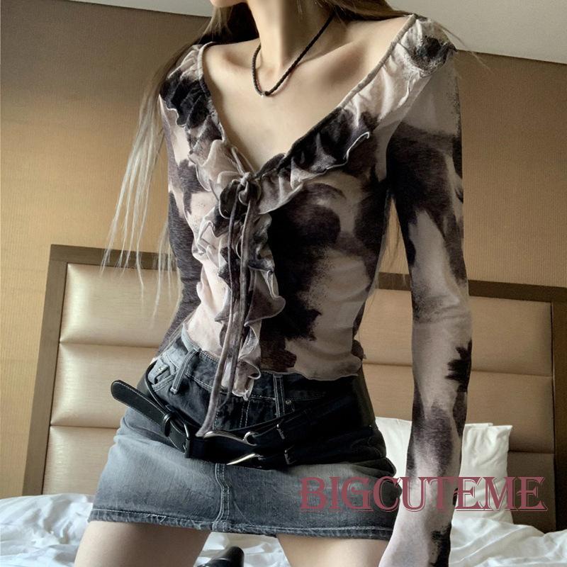 Áo Sơ Mi Tay Dài Cổ Chữ V Nhuộm Màu Độc Đáo Dáng Ôm Thời Trang Cho Nữ