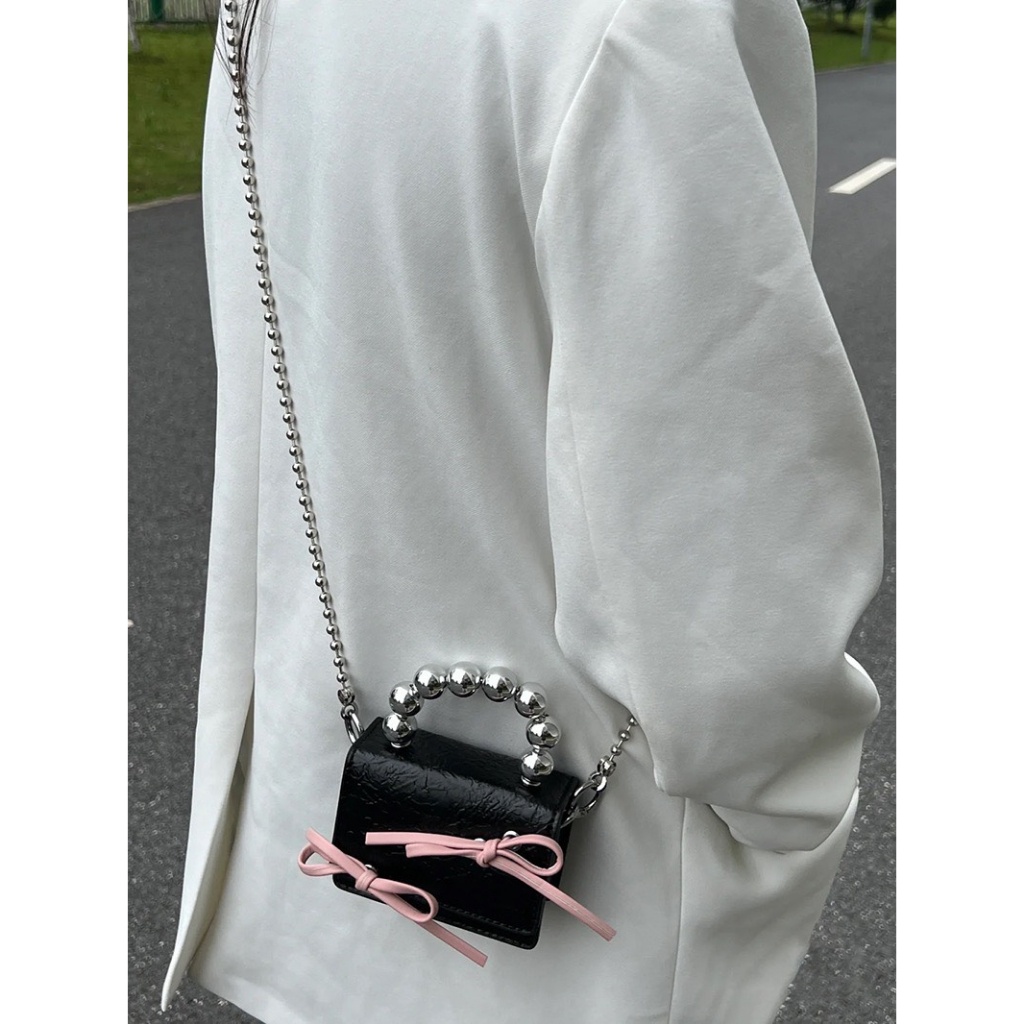 Túi xách mini nữ cầm tay phối nơ thời trang kèm dây xích dài đeo chéo tiểu thư