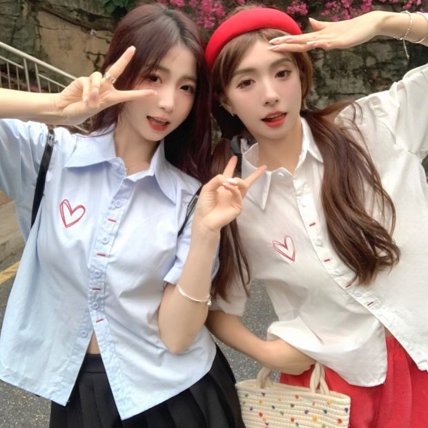 Áo Sơ Mi Tay Ngắn Cổ Polo Thêu Hình Trái Tim Thời Trang Mùa Hè Hàn Quốc Mới Dành Cho Bạn