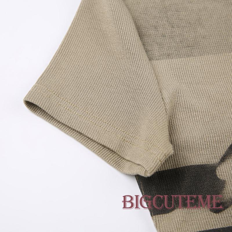 [] Áo Croptop Ôm Dáng Tay Ngắn Cổ Tròn In Hình Chân Dung Cổ Điển Đường Phố Cho Nữ