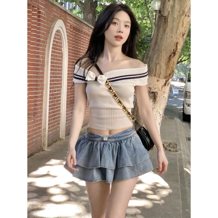 Chân Váy Denim Ngắn Diềm Xếp Nếp In Hoa Tinh Khiết Phong Cách Retro Thiết Kế Mới Cho Nữ