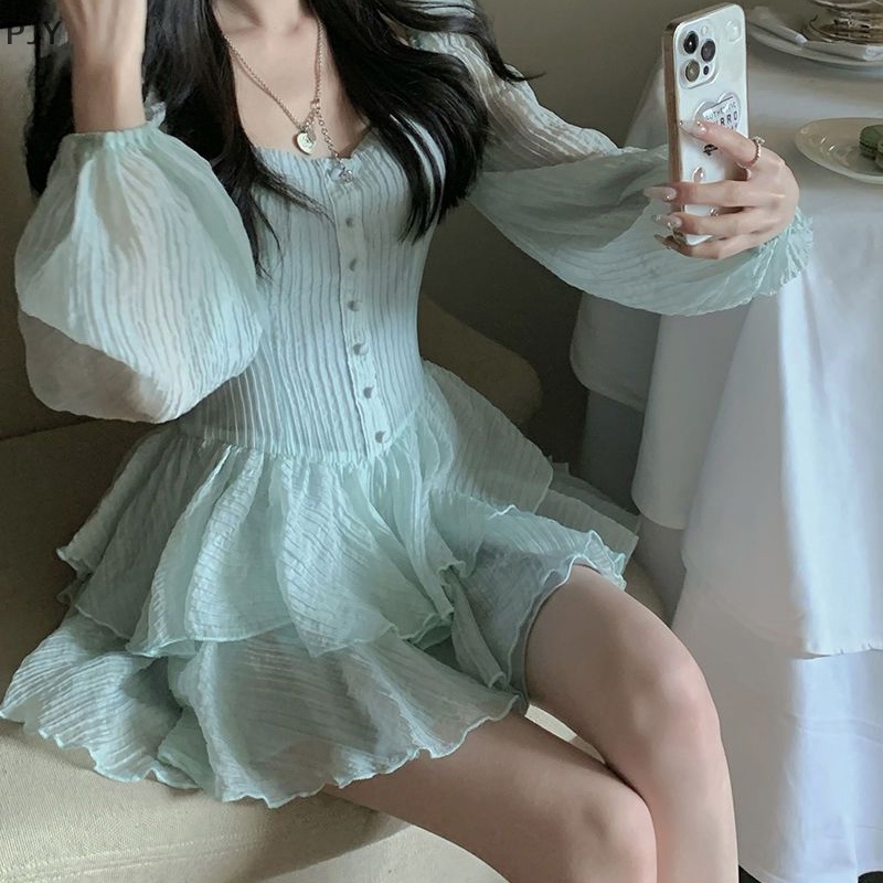 Đầm Chiffon Mini Xếp Ly Tay Phồng Ngọt Ngào Thanh Lịch Phong Cách Hàn Quốc Cho Nữ PJ