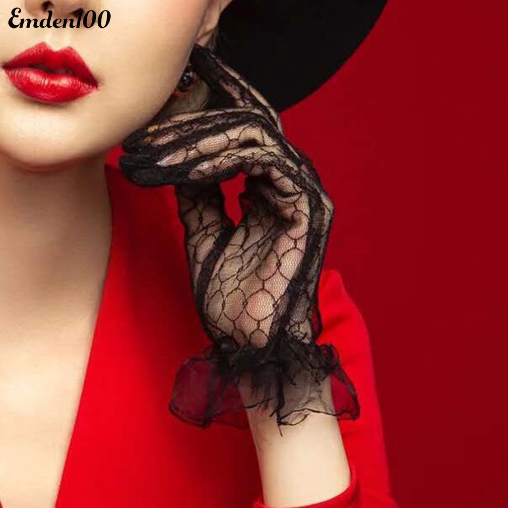 1 Đôi Găng Tay Cô Dâu Phối Ren Xuyên Thấu Màu Sắc Thanh Lịch