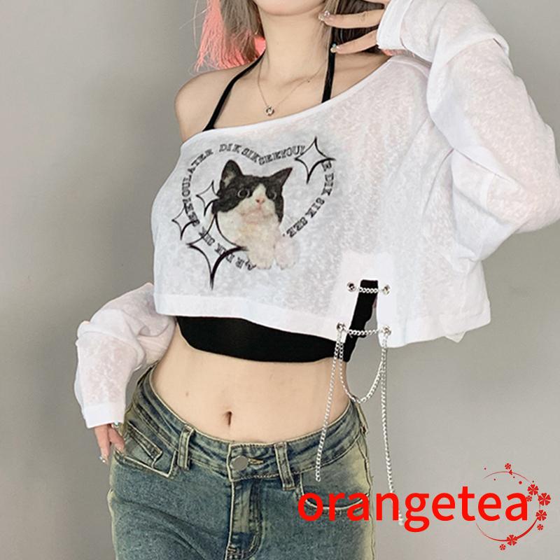Bộ Trang Phục 2 Mảnh Áo Croptop Tay Dài In Họa Tiết Mèo Phối Dây Xích Thời Trang Cho Nữ