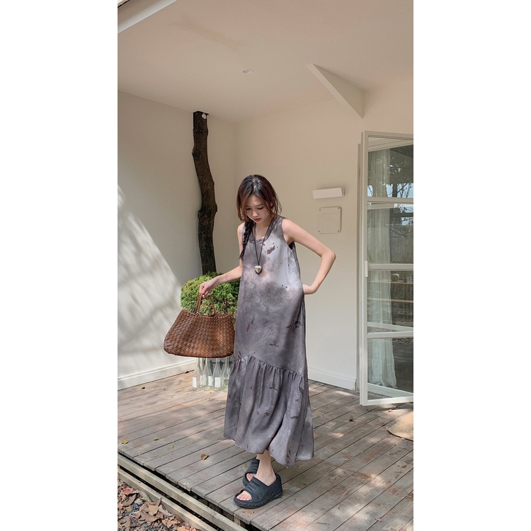 Đầm Dài Không Tay Dáng Rộng Chất Liệu satin Nhuộm Màu Phong Cách retro