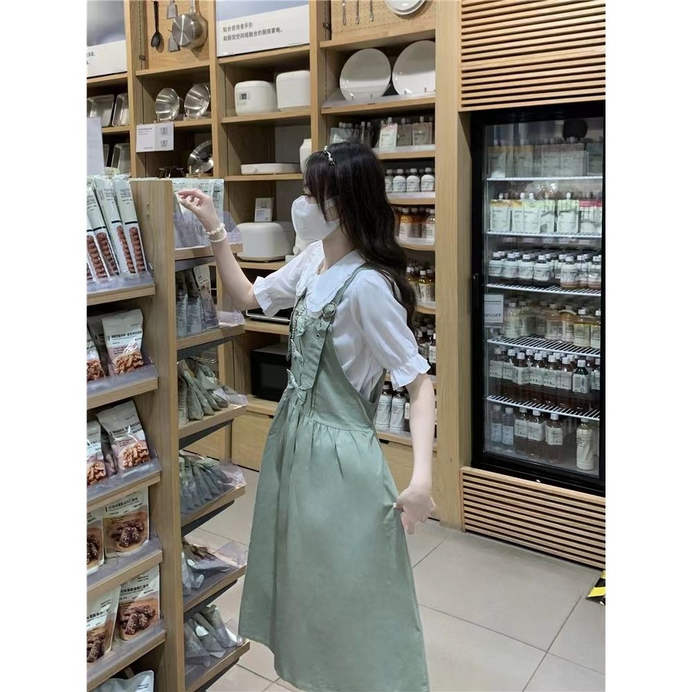 Thời trang đại học phong cách búp bê cổ áo sơ mi + dây treo ngọt ngào váy dài hai mảnh bộ phụ nữ