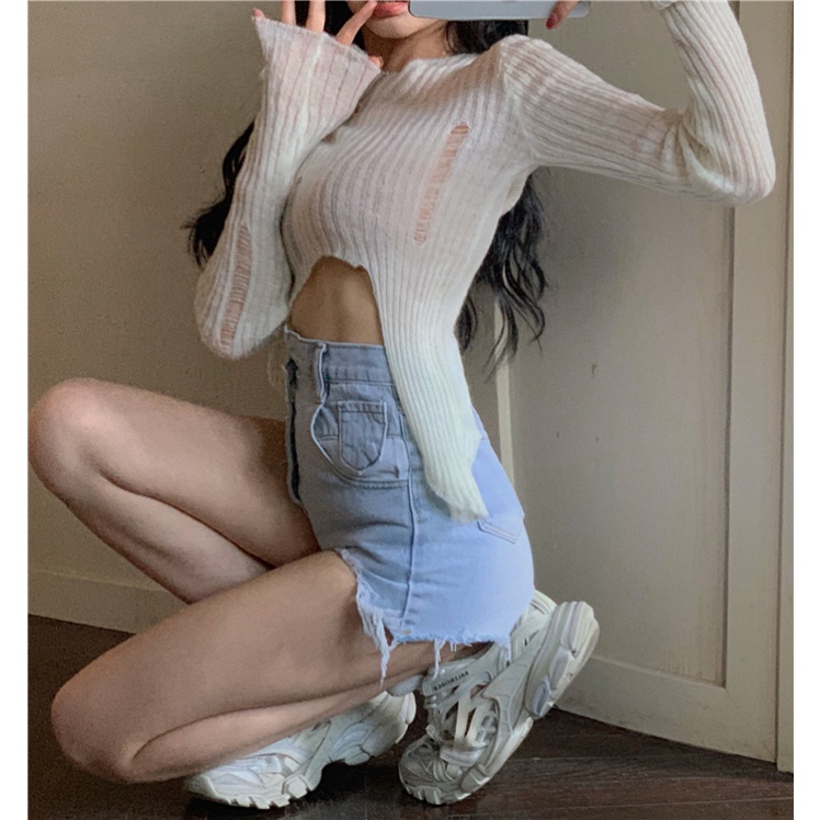 ZWQFP Áo dệt kim tay dài ngắn ôm sát cơ thể gợi cảm cho nữ