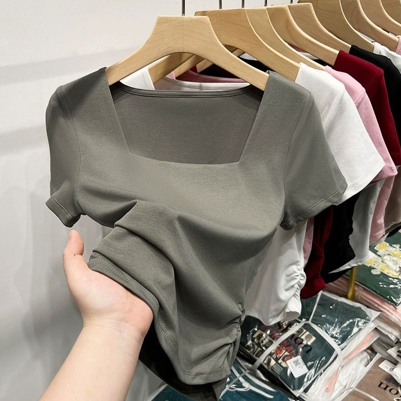 Áo Thun Ngắn Tay Cổ Vuông Hở Vai Phong Cách Pháp Cho Nữ